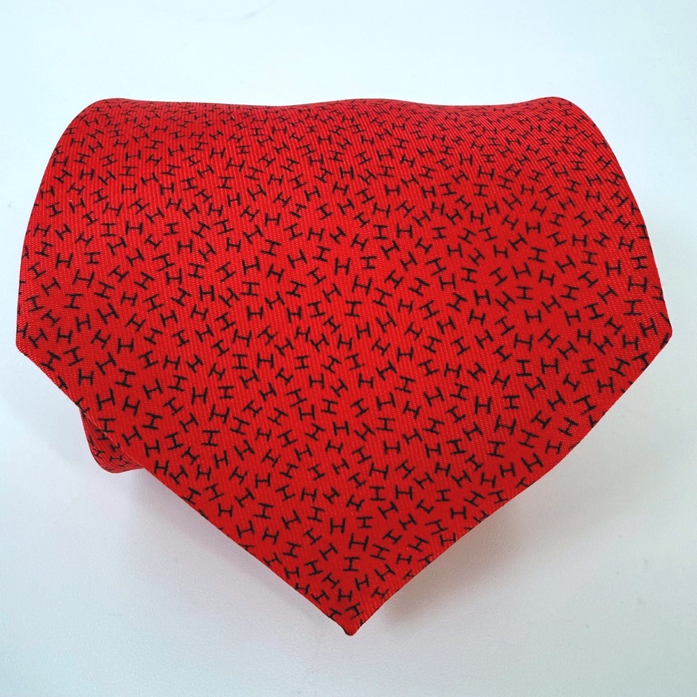 Vintage 90s Hermes Paris Silk Tie Red Micro Soup H‎ Logo Monogram 7926 MA France
